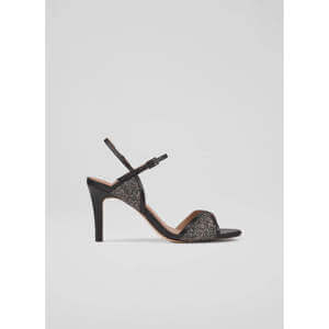 Estelle Black Leather Crystal Detail Heel Sandals